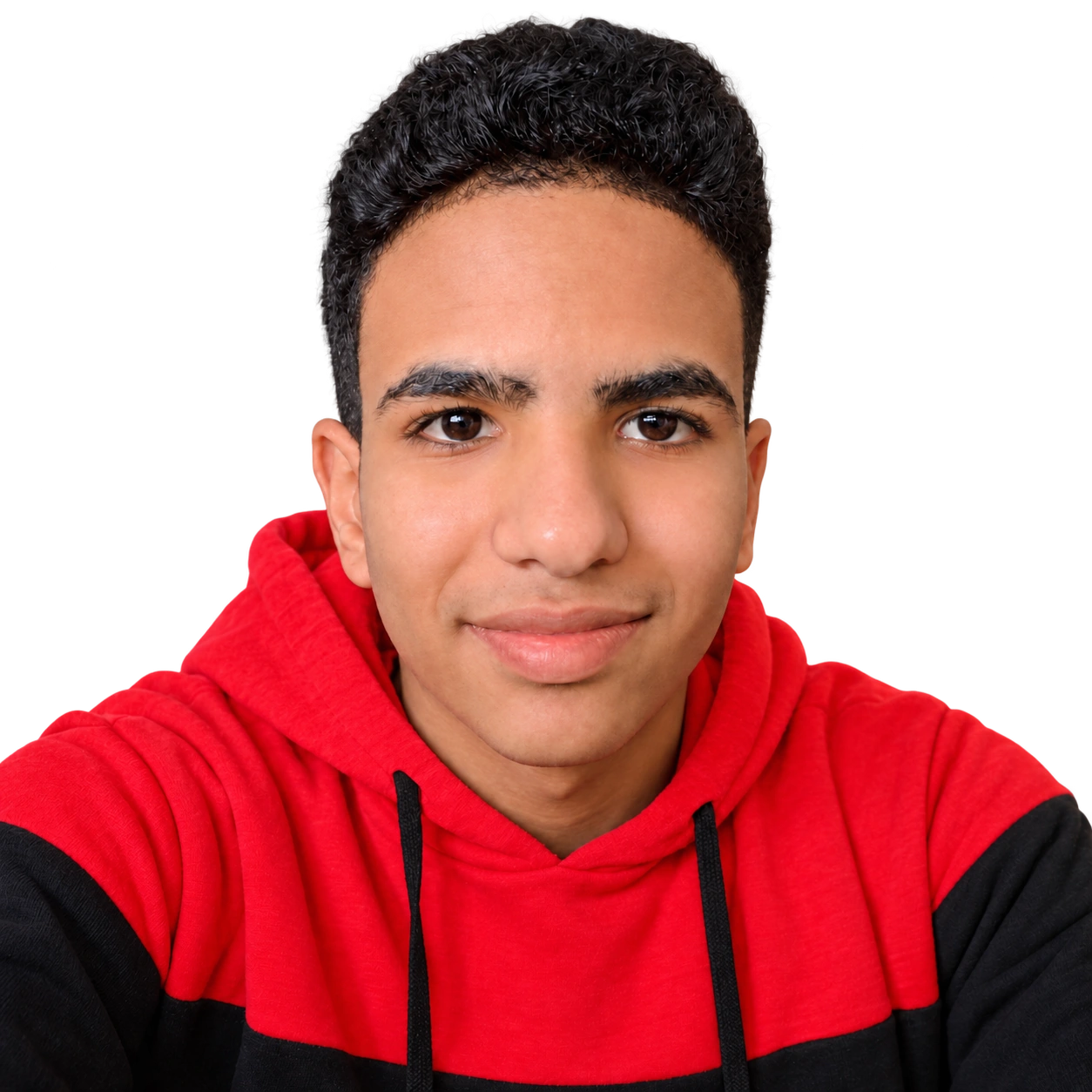 Ahmed smiling in a red and black hoodie.